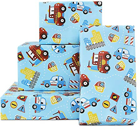 Geburtstags-Geschenkpapier für Jungen, Kinder, Männer, Transport-Design, Geschenkpapier für Geburtstag, Babyparty, rote Feuerwehrautos und Polizeiautos, 4 Bögen flach gefaltet, 50 x 76 cm pro Bogen