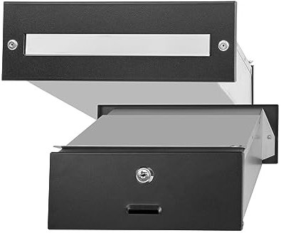 HUW - Stahl Mauerdurchwurf Briefkasten zum Einbau - Tiefe: 16-30 cm - A4 - Korrosionsbeständigkeit - Witterungseinflüsse - 2 Schlüssel Schloss - Einbaubriefkasten - Durchwurfbriefkasten - Schwarz-Inox