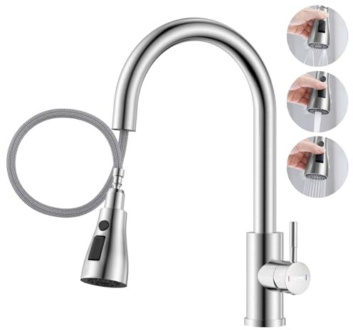 DAYONE Wasserhahn Küche, Hochdruck Küchenarmatur mit Ausziehbrause, SUS304 Edelstahl Mischbatterie Küche mit 3 Strahlarten, 360° Drehbar Spültischarmatur, EU G3/8 Armatur Küche, Gebürstet