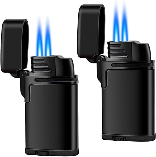 Butane Jet Torch Dual Flame Lighter 2 Pack - Refillable, Windproof, Pocket-Sized - Gifts for Men (Without Butane, 2 Pack Black)