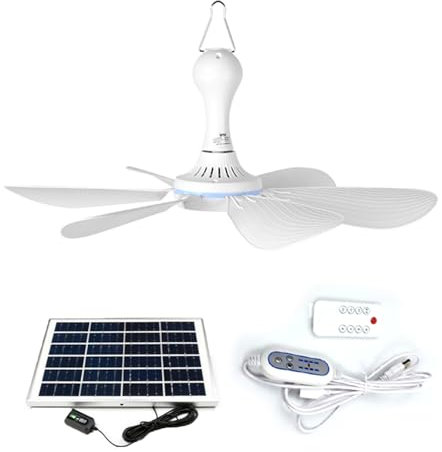 Gerrit Ventilateur Solaire avec Câble Télécommande Petit Plafonnier Pales Détachables ABS Facile Assemblage Panneau Solaire Extérieur Blanc 6V6W/6V10W