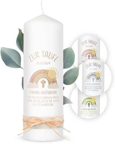 AMARI ® Taufkerze personalisiert Boho Regenbogen (002.10.03) H:25cm/⌀:8cm - Taufkerze Mädchen/Junge - Kerze selber gestalten Taufe - Taufkerze selber machen - Taufkerze mit Namen