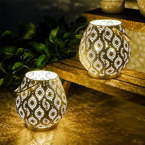 TRIROCKS Set of 2 Moroccan Decorative Metal Table Lamps 26cm H Battery Powered Cordless Lanterns with Fairy Lights Bulb for Home Living Room Garden Yard Party Events Tabletop Indoor Outdoor (White)