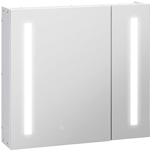 kleankin Armoire de Toilette avec Miroir Lumineux LED Meuble Salle de Bain 2 Portes avec 3 Niveaux 70 x 15 x 65 cm Blanc