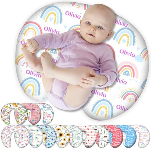 Personalisierbarer Stillkissenbezug, individueller Baby-Kissenbezug mit Namen für Mädchen, Jungen, Neugeborene, Stillkissen, Babypartys, Geschenke, Weiß-Regenbogen