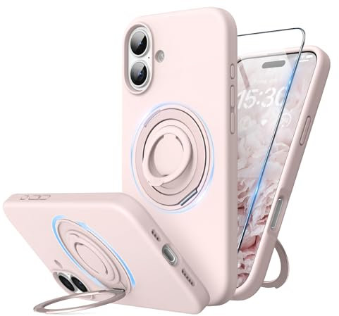 SURPHY Design for iPhone 16 Case, with 360° Rotatable Magnetic Stand & Finger Ring, Liquid Silicone Phone Case for iPhone 16 6.1 inch 2024, Light Pink