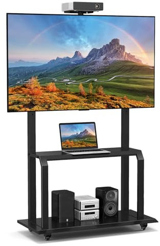 COSTWAY Mobile TV Stand for 32-80 Inch Flat Curved Screens, Rolling Cart With Camera Shelf & AV Shelf, Height Adjustable Media Trolley up to 60KG, Max VESA 900x600mm, Mounting Screws Included