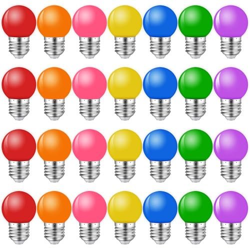 MZYOYO 28er Pack Bunte Glühbirnen E27 LED Birne 2W,Farbige Glühbirne E27 Außen,G45 LED Bunt für Lichterkette Party Weihnachten Deko,Rot Grün Blau Orange Gelb Rosa Violett,Kunststoff
