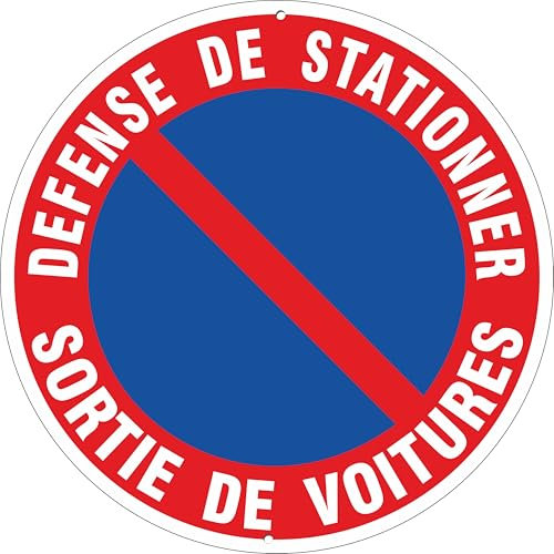 Pubblimania DEFENSE DE STATIONNER SORTIE DE VOITURES | Panneaux signalétiques ronds en aluminium rigide d’une épaisseur de 3 mm, micro-perforés, extérieur/intérieur (Ø 30 cm) (SORTIE DE VOITURES)
