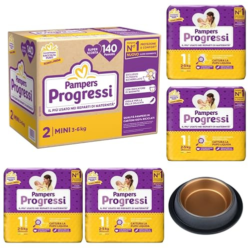 Pampers Progressi Windeln für die ersten Tage 112 Größe 1 von 2-5 kg und 140 Größe 2 von 3-6 kg (insgesamt 252 Windeln) + gratis Futternapf für Hunde und Katzen aus Edelstahl