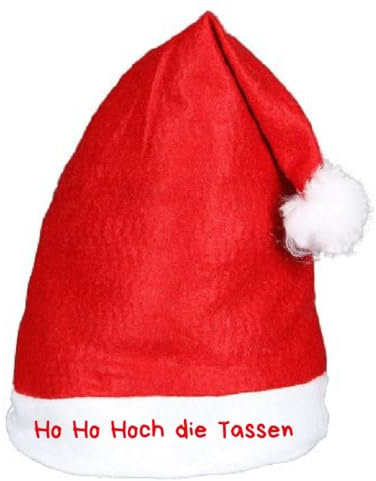 Alsino Ho Ho Hoch die Tassen Weihnachtsmütze Deluxe Nikolausmütze mit Spruch Sprüche Lustig - Weihnachtsmann Mütze rot mit Bommel Weihnachtsfeier Xmas Christmas Nikolaus