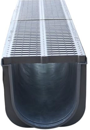 100 cm langes Kanal-Abfluss-Set, HDPE-Graben-Abflusssystem mit Gitterabdeckung für Hof/Terrasse/Einfahrt/Gehweg/Betonplatte/Pool, Entwässerungsgitter für den Außenbereich, Boden-Wasserumleiter (100 x