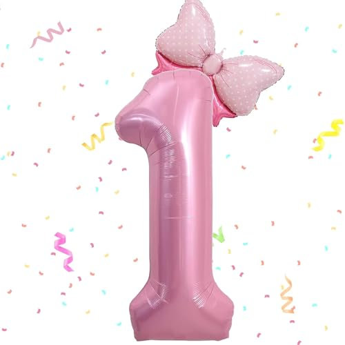 Zahlen Luftballon 1. Geburtstag, 40 Zoll Schleife Folienballon Zahl 1, Zahlenballon 1 Helium Ballon Rosa,Luftballon 1 Geburtstag Deko für 1 Jahre Mädchen Geburtstagsdeko,Babyparty,Jubiläum Party Deko