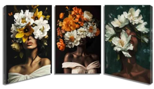 ZQQART Kunstdrucke mit Blumenkopf einer schwarzen Frau afroamerikanische Kunst Leinwandbilder 3 teilig afrikanische Frau Poster schwarzes Mädchen Wanddekoration (Schwarz,30x40cmx3)