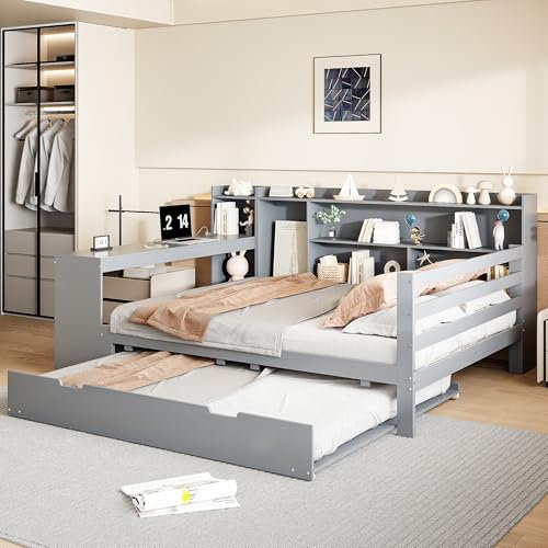 Gegtuon Schlafsofa Doppelbett 140x200, USB-Sofabett mit Ausziehbares Rollbett und Stauraum Regal, Bett Holzbett Tagesbett Jugendbett Bettgestell mit Tisch und Lattenrost aus Holz, ohne Matratze, Grau