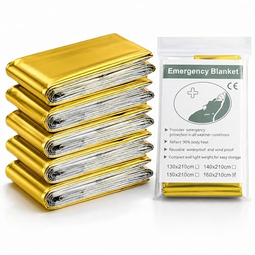 VisioClear® | Rettungsdecke 5er-Set Gold/Silber für Notfallsituationen und Allwetterbedingungen, 160 x 210 cm Notfalldecke für Auto, Erste Hilfe, Camping, Festival & Outdoor