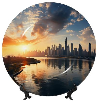 Dekorativer Teller aus Knochenporzellan mit Displayständer zum Aufhängen, Porzellan-Ornament zum Aufhängen in New York bei Sonnenuntergang, runde Teller für Abendessen, Basteln, Teller