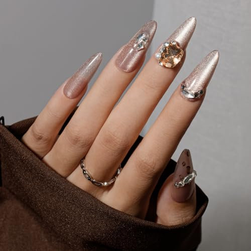 KQueenest Press On Nails Almond Extra Long, French Tip False Nails with Glue, Glitter Nude Pink Fake Nail Press ons with Leopard Print & Diamonds, Reusable Glue on Nails for Women 30 Pcs