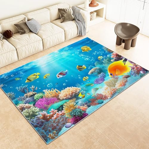 WHUOEUCO Teppich Wohnzimmer Blaues Meer Cartoon Korallenfische 60x120cm Großer Flauschiger Kurzflor Teppich, Waschbarer Moderner rutschfest Teppiche für Esszimmer Küchen Schlafzimmer