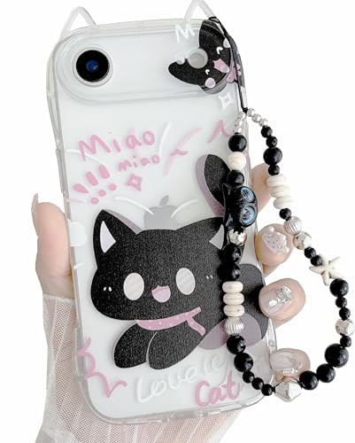 JANDM Süße Katze für iPhone 13 Hülle mit Perlenband, transparent, weiche Katzenohren-Form, für Mädchen und Frauen, ästhetischer Kameraschutz, mit Handgelenk-Schlüsselanhänger