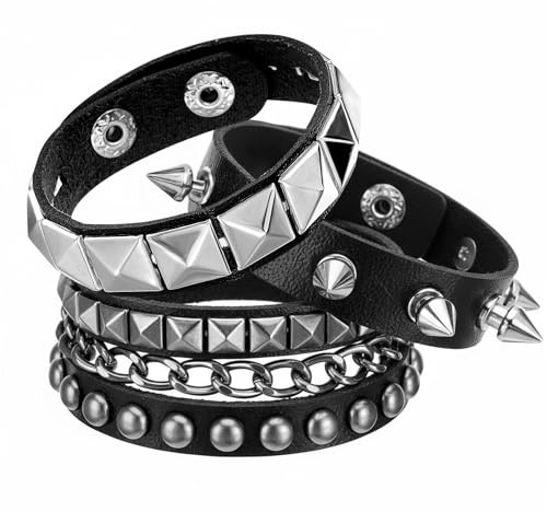 Grevosea 3 Stück Nieten Armband Punk Rock Leder Nietenarmband Herren Damen | Armband Emo Accessoires Gothic Breites mit Verschluss für Party/Konzert/Cosplay