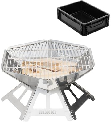 BOXIO - FIRE: Kleine Edelstahl Feuerschale mit Grillrost in Oktagon Form | Feuerstelle Outdoor & Camping Grill, Feuerschale mit Funkenschutz, Mini Feuertonne & Feuerkorb für Garten & Lagerfeuer