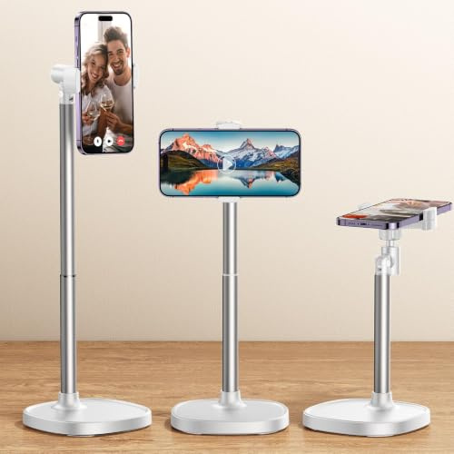 Phone Stand for Desk, Angle Height Adjustable Phone Holder for Desk - White | Aluminum Alloy Universal iPhone Stand Holder, Retractable Cell Phone Stand Recording Office for iPhone 17 16 15 Pro Max