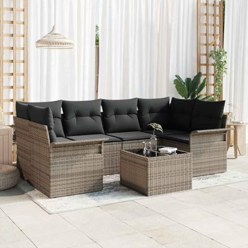 Keeushr Modulares Garten-Sofa-Set 7-teilig Grau aus Poly-Rattan und Stahl mit Glastisch für Terrasse und Balkon, Wetterfestes Outdoor-Möbel mit bequemen Kissen und Flexibler