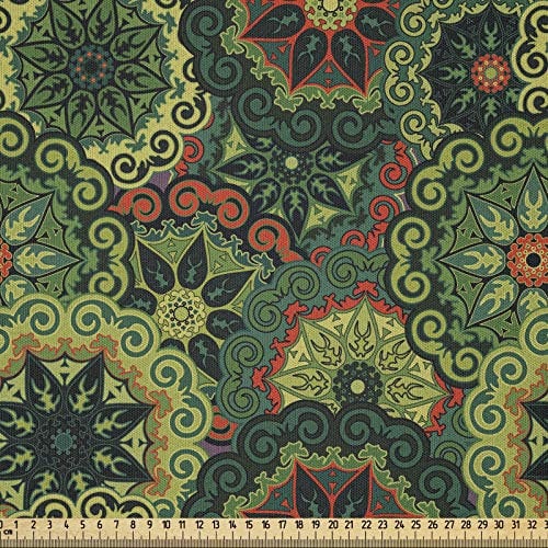 ABAKUHAUS Mandala Stoff als Meterware, Einheimische Kultur, Microfaser Stoff für Dekoratives Basteln, 1M (230x100cm), Hellgrün Dunkelgrün Zinnoberrot