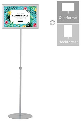 DISPLAY SALES - Support d’information télescopique double face réglable en hauteur en DIN A3 |aluminium avec tôle d’acier lourde |Utilisation en format portrait et paysage