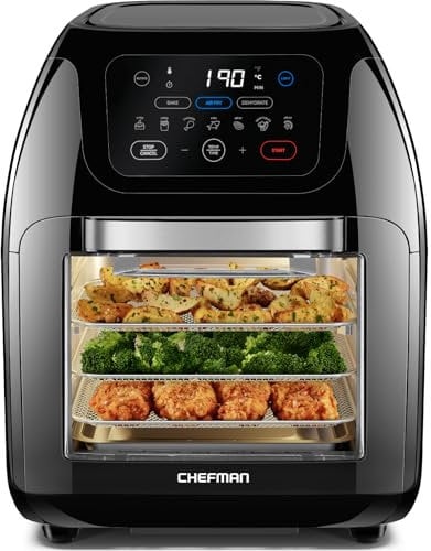 CHEFMAN 5 in 1 Air Fryer Oven with Rotisserie, 10L 1800W, 17 Presets Air Fry, Dehydrator, Roast, Bake, Family Size Large Air Fryer with Auto Shutoff and View Window, Black