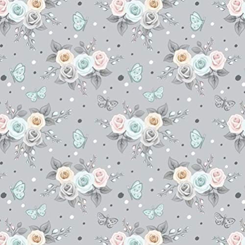 100x160cm 100% Baumwolle Baumwollstoff Streifen Blumen Meterware Handwerken Nähen Stoff (Blume Rosen Grau)
