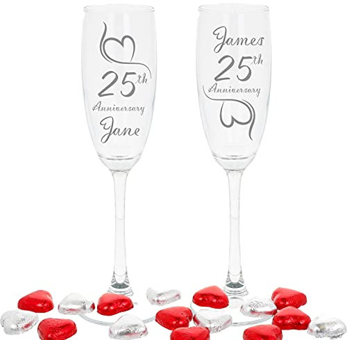 Personalised Silver Wedding Anniversary Champagne Flute Glasses Set of 2 (Engraved, Filled with Chocolate Hearts)