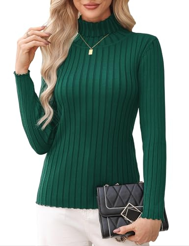 Aottori Polo Neck Jumpers for Women UK Turtle Neck Jumper Tops Ladies Knitted Sweater Lightweight Solid Winter Warm Pullover Tunic Green XXL