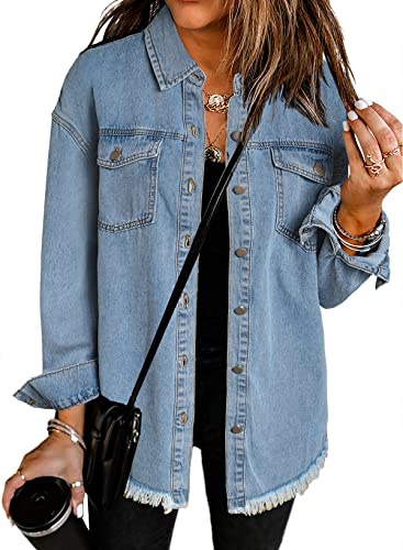 Dokotoo Jean Jacket Women Spring Summer Fall Country Concert Outfits Casual Long Sleeve Denim Shirt Distressed Boyfriend Denim Jacket Shackets Western Jean Jacket Womens Clothing Sky Blue Jackets M