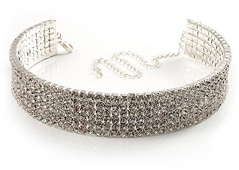 Avalaya Collana girocollo con cristalli trasparenti a cinque file, colore argento