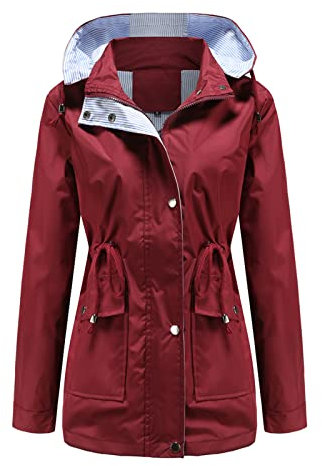 MODFUL Women Long Sleeve Rainproof Jacket Waterproof Windbreaker Hooded Lightweight Windproof Outdoor Coat(WineRed,XL)