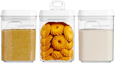 Felli Flip Tite Storage Container with Built-In Spoon & Airtight Lid 5” Large-M Ring Flip Top, Stackable Acrylic Canister for Sugar Flour Powder, Kitchen Pantry Organizer (1.8qt) - 2 spoons only