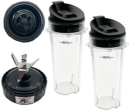 Blender 5-Fins Blade & 2 16oz Single Serve Cups with Lids Replacement Parts for Ninja, Base Extractor Blade for Nutri Ninja Blender 700 Watts QB3000, QB3000SS, QB3000SSW, QB3001SS 30, QB3004, QB3005