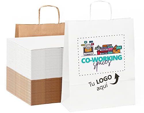 50 Papiertüten mit farbigem Bild | Achten Sie auf Ihre Geschenke | personalisierte Papiertüten für Veranstaltungen | recycelbar und mit Griffen | Größe auswählen (Medium 25 x 31 x 9 cm, Weiß)