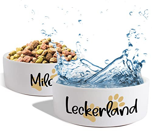 Keramik Doppelnapf mit Namen oder Wunschtext für Hunde & Katzen „Zwei kleine Pfoten“ - personalisiertes Napf-Set mit/ohne Ständer| Hundenapf Futternapf Fressnapf | Futterstation (2X 1300ml)