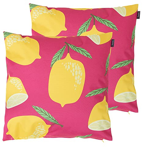 Bean Bag Bazaar Outdoor Cushions Filled, Fruity Collection, Lemon Print, Set of 2, 43cm x 43cm, Water Resistant, Outdoor Cushions for Garden Furniture, Garden, Patio