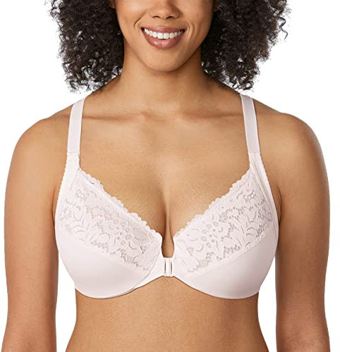 Delimira Women's Front Fastening Bra Racer Back Lace Plus Size Non Padded Underwired Coconut White 38DD