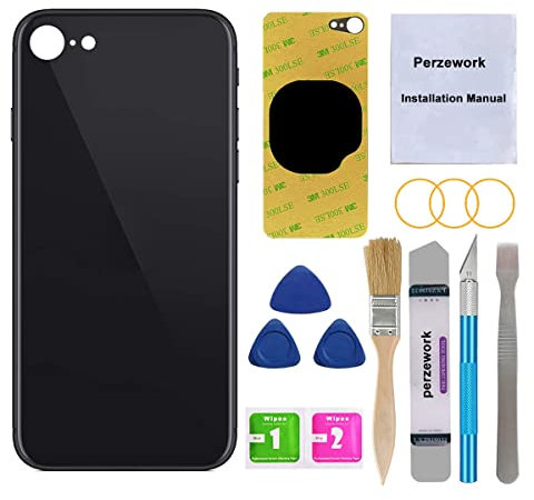 Perzework OEM Rückglas Ersatz für iPhone SE 4,7 Zoll (schwarz) 2020 zweite Generation und 2022 dritte Generation mit Reparatur-Toolkit