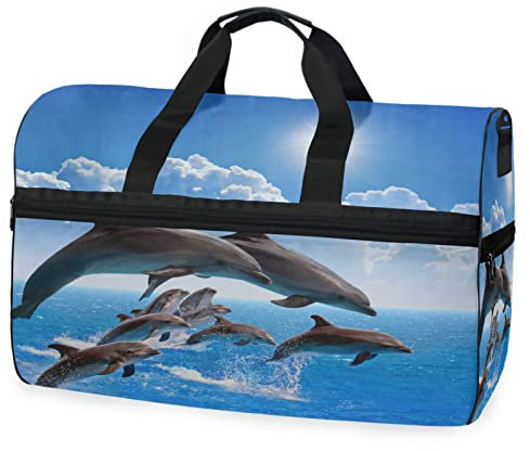 Blaue Sonne Delfin Sonnenwasser Sporttasche Badetasche mit Schuhfach Reisetaschen Handtasche für Reisen Frauen Mädchen Männer