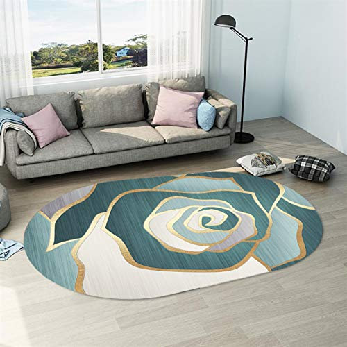 LONGSAO Wohnzimmer Teppich Großer Kurzflor rutschfest Oval Teppiche Schlafzimmer Esszimmer Küche Deko Gold und dunkelgrüne Cartoonrosen,120 x 170 cm