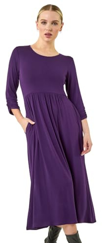 Roman Petite Jersey Stretch Midi Dress for Women UK - Ladies Everyday Holiday Autumn Winter Pull-On Round Neck 3/4 Sleeves Comfy Soft Evening Vacation Work Party - Petite Mauve - Size 16