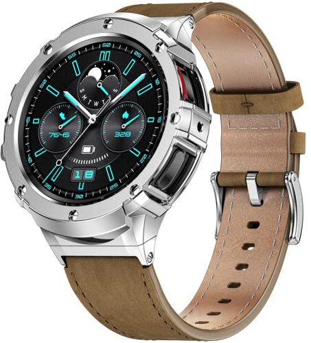 MioHHR Coque en acier inoxydable avec bracelet compatible avec Galaxy Watch 4/5, bracelet en cuir véritable et coque de protection antichoc en métal pour homme Samsung Watch 44 mm 2022, marron