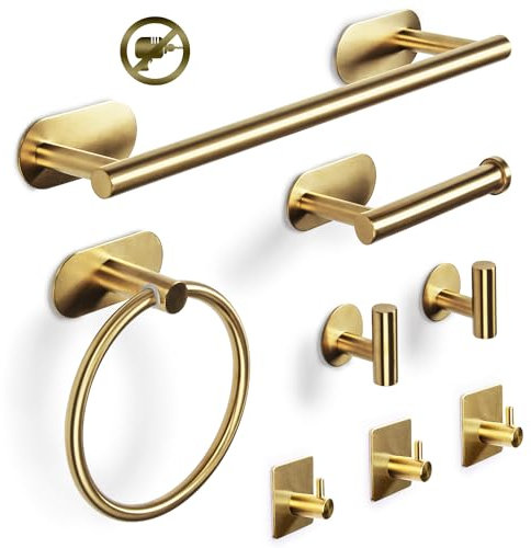 Virklyee Set Porta Asciugamano 8 Pezzi Portasciugamani Porta Carta Igienica Anello Asciugamano 5 Gancio Set da Bagno Autoadesivo in Acciaio Inox Porta Asciugamani Appeso a Parete Bagno Cucina(Oro)