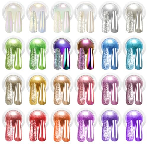 BISHENGYF 24Pcs Chrome Nail Powder - Metallic Mirror Effect Holographic Aurora Iridescent Pearlescent Nail Chrome Powder for Gel Nails DIY Manicure Nail Art Decoration Gift for Women